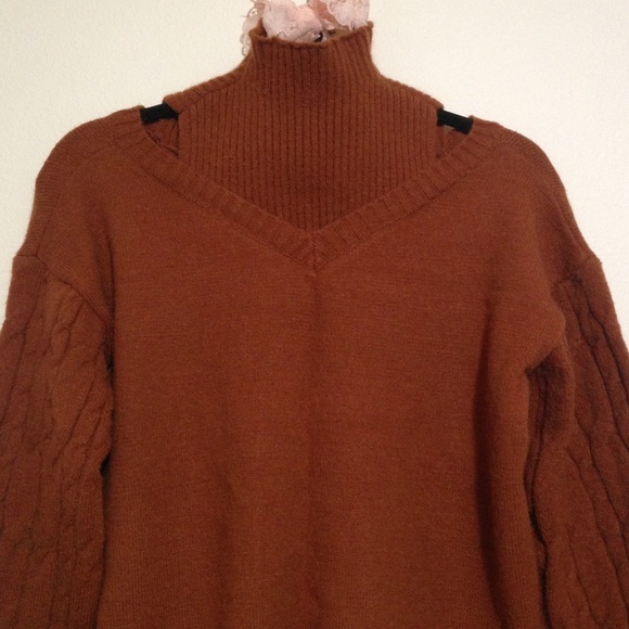 Rust Brown Soft Turtleneck Sweater with Shoulder Cut-outs - Picture 2 of 9